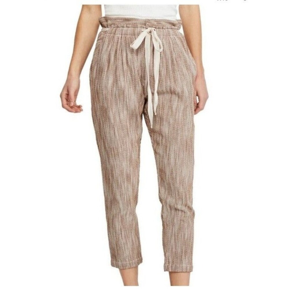 Free People Beige Striped Ankle Crop Drawstring Pants